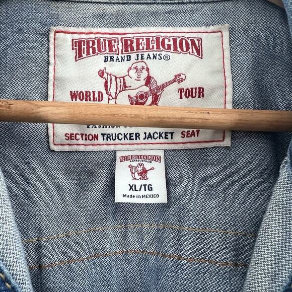 True Religion Monogram Blue Denim Trucker Jacket Mens Size XL - Picture 12 of 13